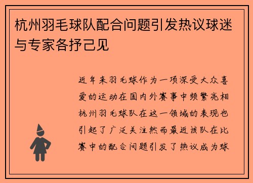 杭州羽毛球队配合问题引发热议球迷与专家各抒己见